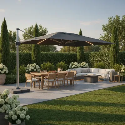 A sleek rectangular cantilever patio umbrella shading a contemporary outdoor lounge and dining area in a lush garden setting at sunset.