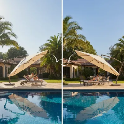 An offset cantilever umbrella demonstrating its 360-degree rotation and tilt feature over a pool deck at different sun angles