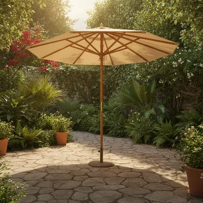 Classic wooden patio umbrella with a warm, elegant frame against a lush garden backdrop