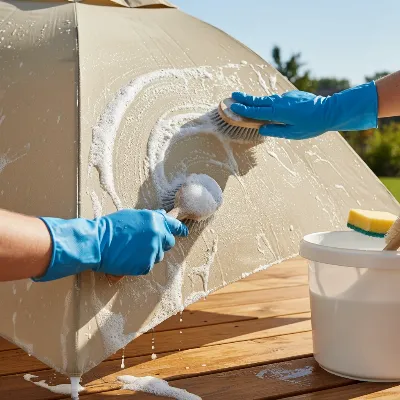 A person gently cleaning the canopy of a large open patio umbrella on a wooden deck with a soft brush and soapy water.