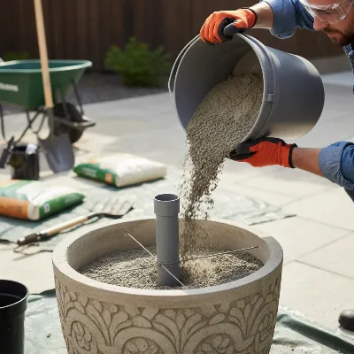 A person assembling a DIY umbrella base using a planter and concrete, with safety gear.