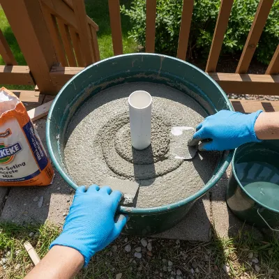 DIY weighted patio umbrella base made from concrete and a bucket mold