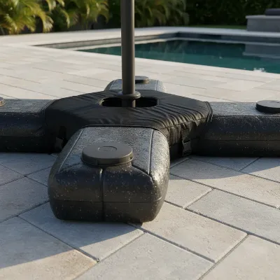 A close-up of a sturdy, weighted offset cantilever umbrella base on a paved pool deck, showing its robust construction