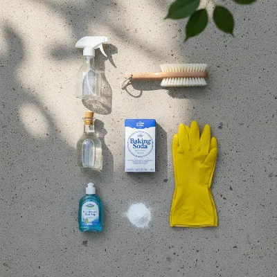 A collection of natural cleaning supplies for a patio umbrella, including white vinegar, baking soda, dish soap, a spray bottle, soft-bristle brush, and gloves.