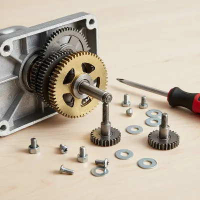 Disassembled patio umbrella crank housing showing internal gears, nuts, and screws with a screwdriver nearby.