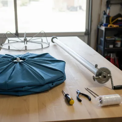 A patio umbrella pole laid horizontally with tools for repair, showing a detached canopy and the crank mechanism.