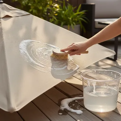 Hand cleaning a Crate and Barrel patio umbrella canopy with a soft brush and mild soap.