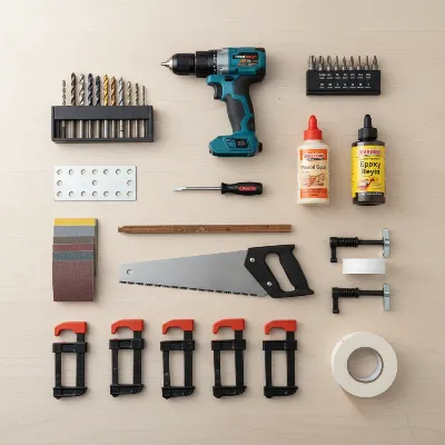 A collection of tools and materials for repairing a patio umbrella rib laid out on a clean surface.