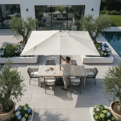 An overhead shot of a person setting up a Treasure Garden patio umbrella in a modern outdoor dining area with a table and chairs.
