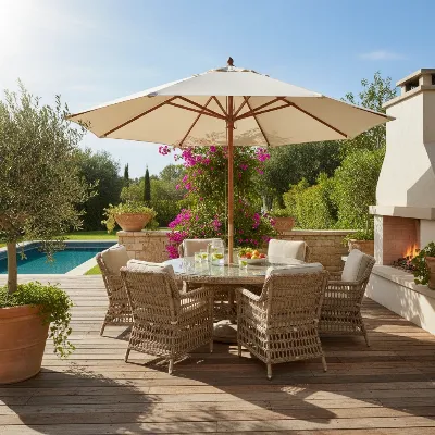 A large patio umbrella casting shade over a seating area, illustrating the importance of a heavy base for stability.