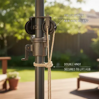Patio umbrella string routed through a pulley system and tied with a secure knot at the lift hub.