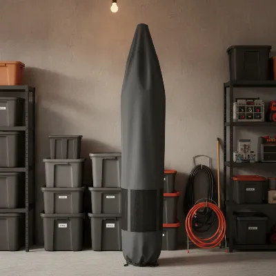 A perfectly covered patio umbrella standing upright, ready for winter storage in a clean garage.