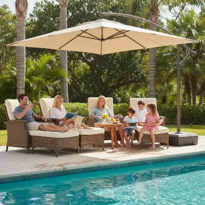 People relaxing comfortably under a large offset cantilever umbrella next to a swimming pool on a warm day