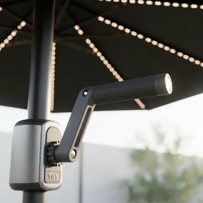 Close-up of Purple Leaf cantilever umbrella's crank and tilt mechanism with solar lights visible.