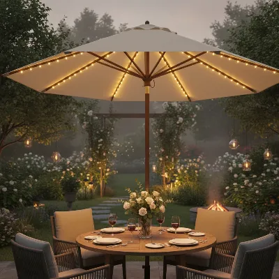 A beautiful solar LED lighted patio umbrella illuminating an outdoor dining area at night