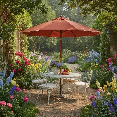 A vibrant Sunbrella market patio umbrella provides shade over an outdoor dining table in a lush garden.