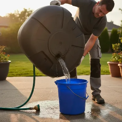 A patio umbrella base being drained of water before winter storage, with tools nearby.