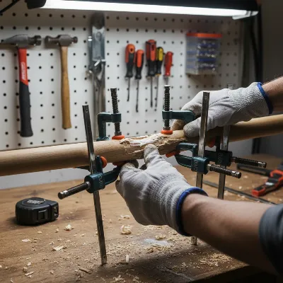 Close-up of a person repairing a snapped wooden patio umbrella rib with wood glue and clamps, showing detailed craftsmanship.